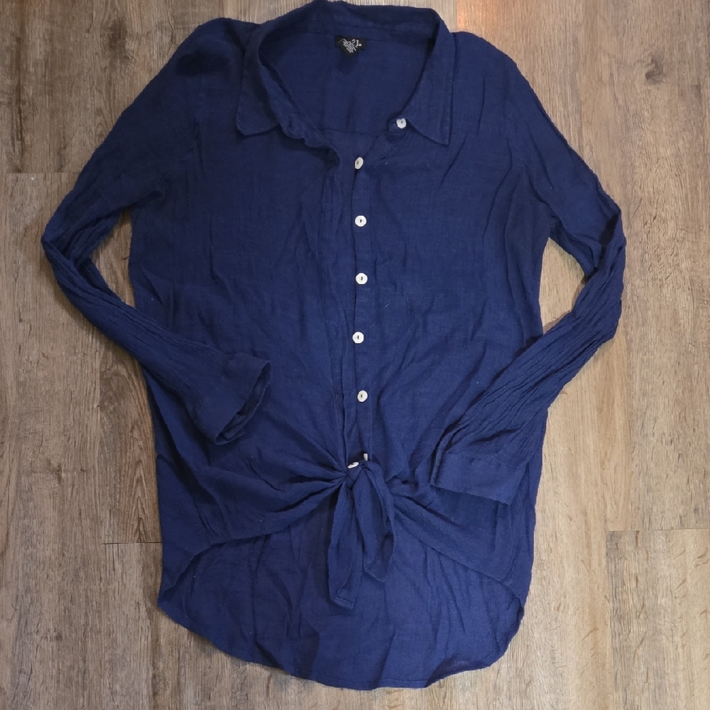 Rue21 Deep Blue Button-Down Shirt with Tie Front